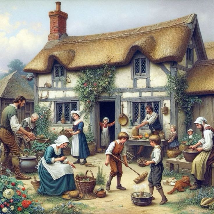 Vintage painting of thatched cottage with villagers in Victorian dress doing daily chores in sunny courtyard
