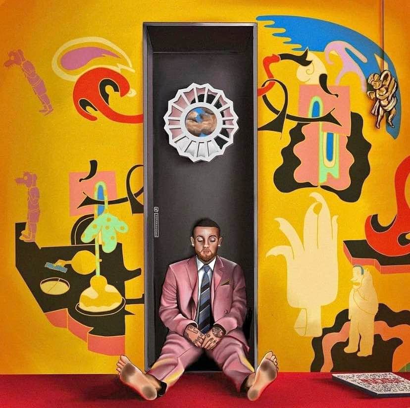Surreal painting of a seated man in a pink suit framed by a doorway and abstract colorful wall art