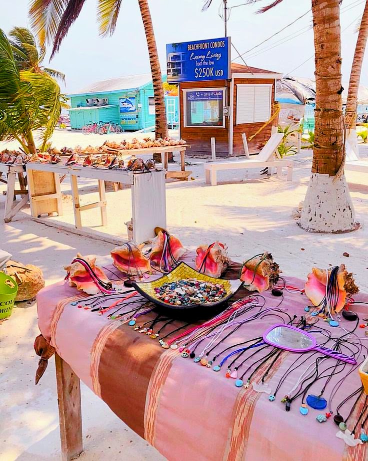 Outdoor beach vendor table with conch shells and necklaces near a tropical shop in Belize