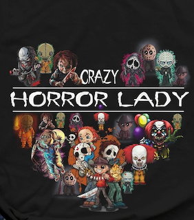 Illustrated horror character collage with the words Crazy Horror Lady on a black background