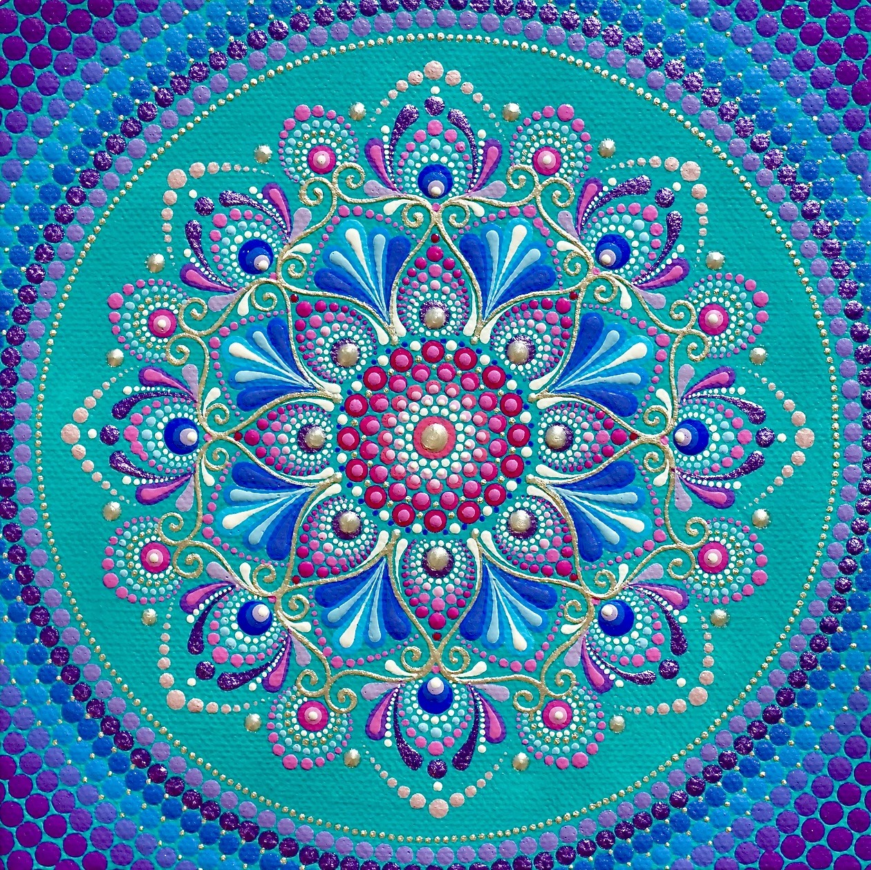Circular turquoise mandala with symmetrical dot-painted floral patterns in blue, purple, and pink