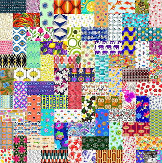 Patchwork grid of colorful geometric patterns, florals, dots, and abstract designs in multiple bright colors