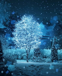 Snow-covered tree illuminated with white lights in a dark winter garden at night with falling snow
