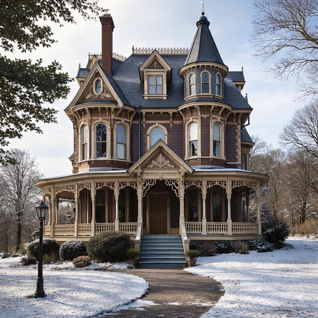Victorian mansion with turret in snow-covered yard