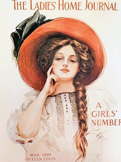 Vintage magazine cover illustration of a woman wearing a large orange hat and long braid