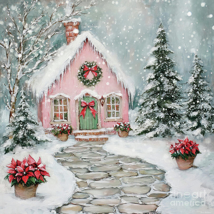Pink cottage with Christmas wreath, snow-covered trees, and stone path in winter landscape