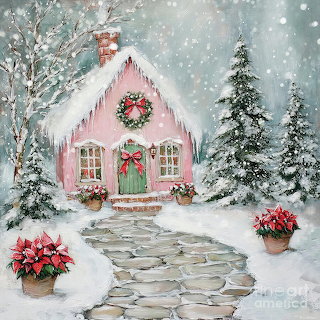Pink Christmas Cottage in Snow