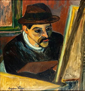 Painted portrait of a man in a brown hat with mustache sitting at an easel, by Suzanne Valadon