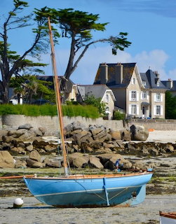 Blue sailboat on a rocky shore with coastal houses and trees behind it