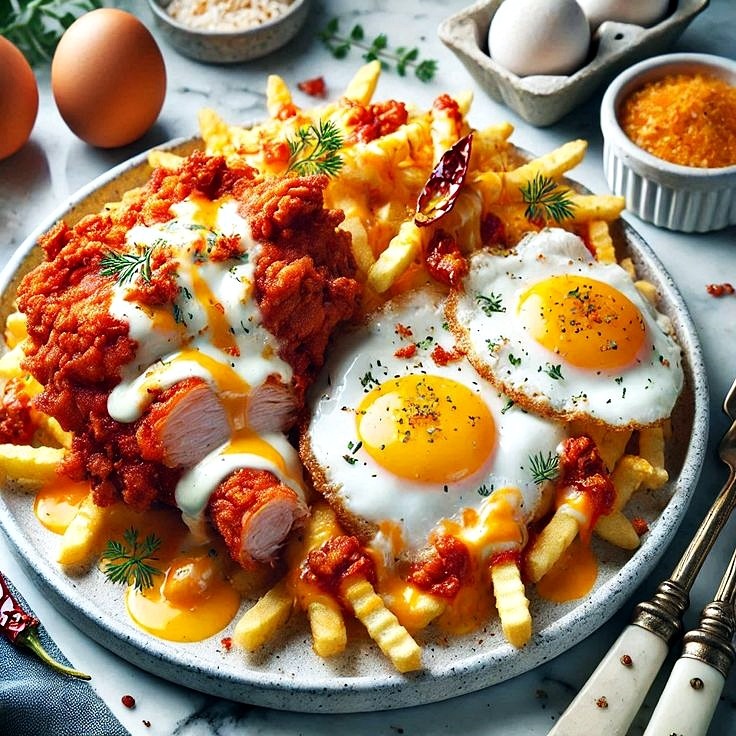 Plate of loaded fries with fried eggs, cheese, bacon, and hot sauce on a kitchen table