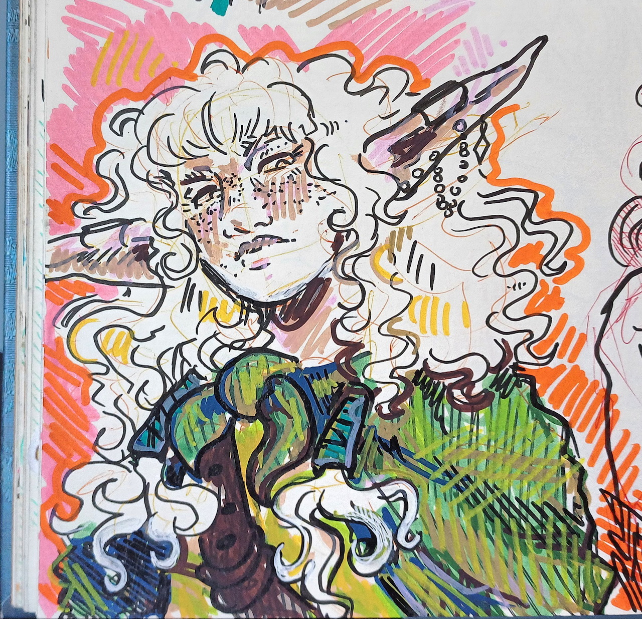 Illustration of character with white curly hair, freckles, and green outfit on orange background