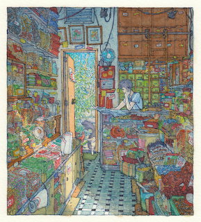 Detailed colorful illustration of a cramped shop interior with shelves full of goods and a person behind the counter