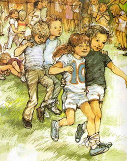 Illustration of children running in a three-legged race on grass