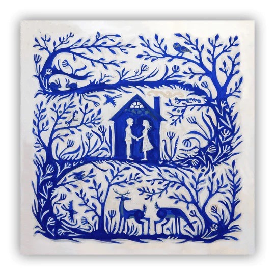 Blue folk art nativity scene with deer, birds, and ornate botanical border in paper-cut style