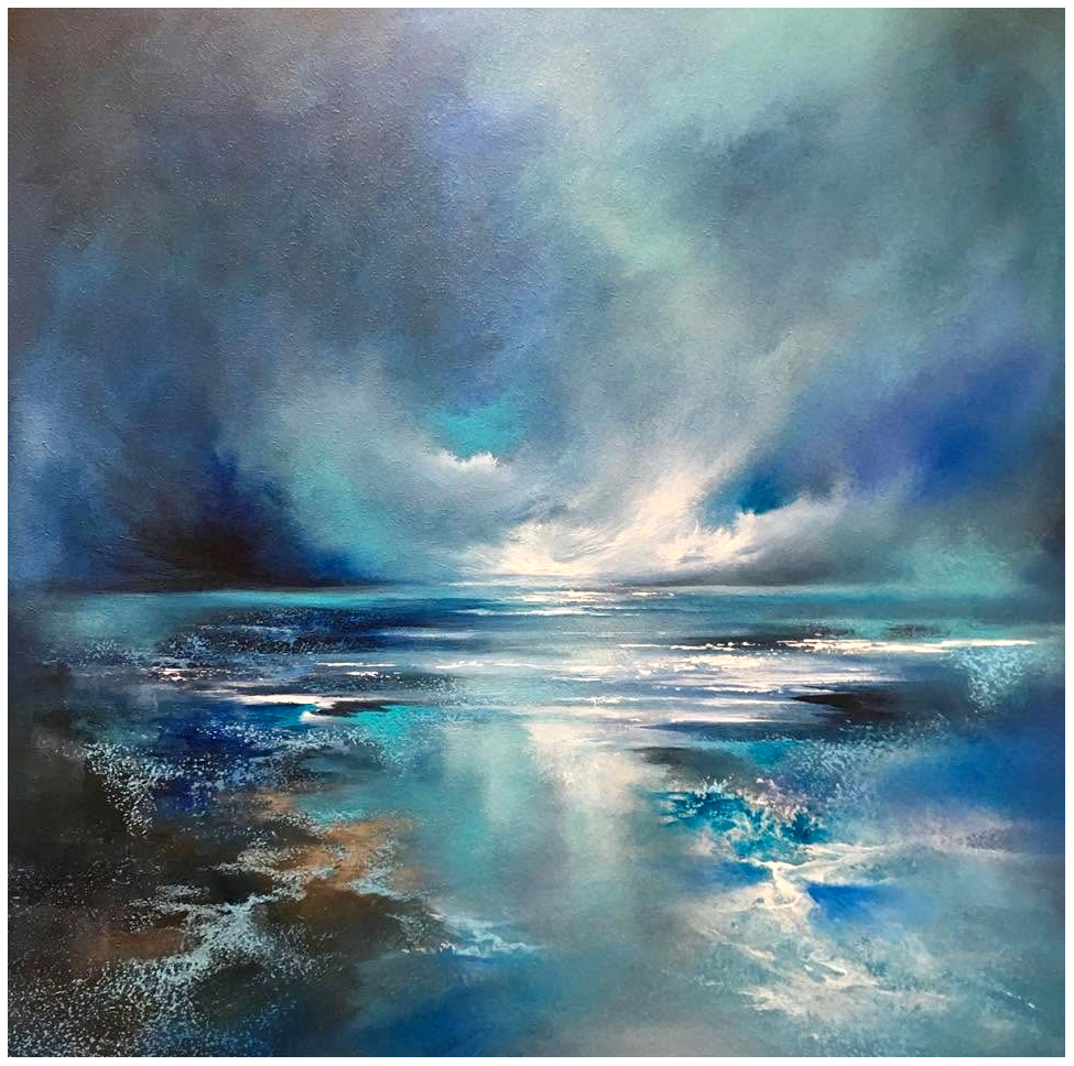 Abstract blue seascape painting with stormy sky and reflective sea