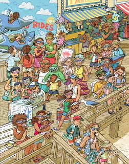 Colorful cartoon illustration of crowded beach boardwalk with many people, food stands, and summer activities