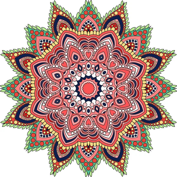 Symmetrical mandala with ornate floral petals in red, green, blue and coral tones with detailed geometric patterns