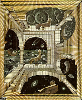 Escher-style surreal interior artwork with columns, birds, fish, and starry space openings