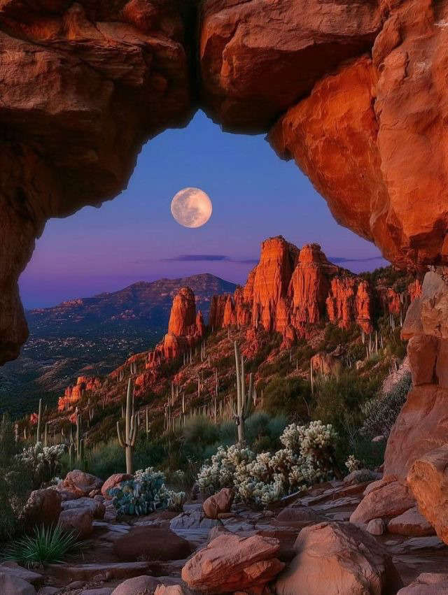 Full moon rising over desert rock formations and cacti seen through a natural red rock arch at dusk