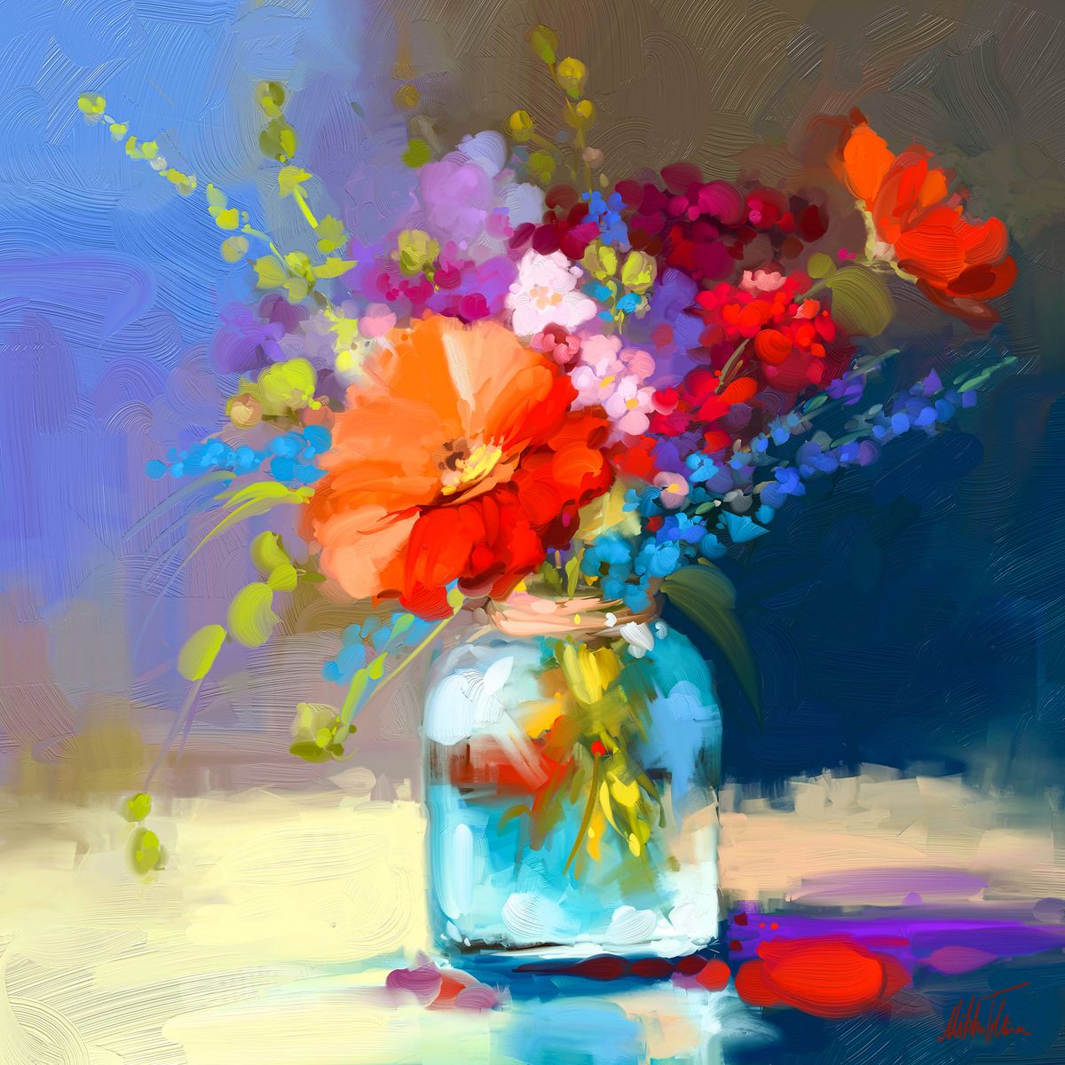 Oil painting of red, orange, pink and purple wildflowers in a glass vase on a colorful abstract background