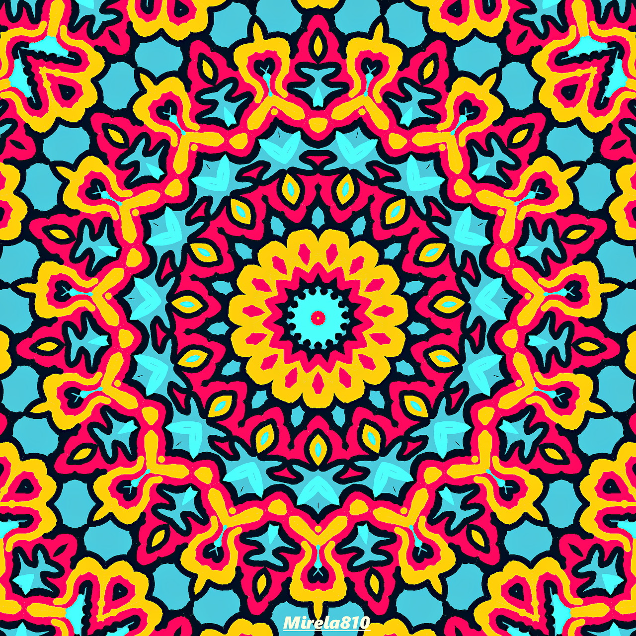 Vibrant symmetrical mandala with radial geometric pattern in yellow, orange, magenta, turquoise and black