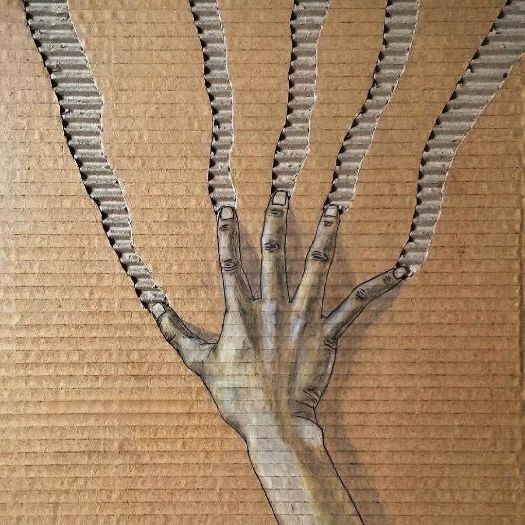 Surreal hand illustration with zipper-like fingers on a beige background