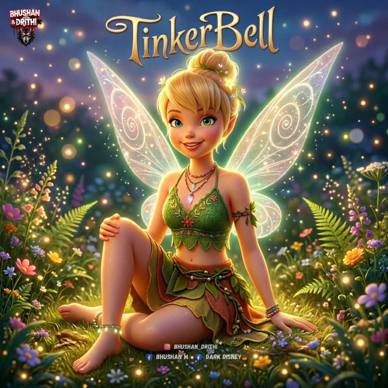 Tinker Bell sitting in flowers with glowing fairy wings and sparkling lights