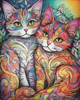 Illustration of two colorful patterned cats sitting close together
