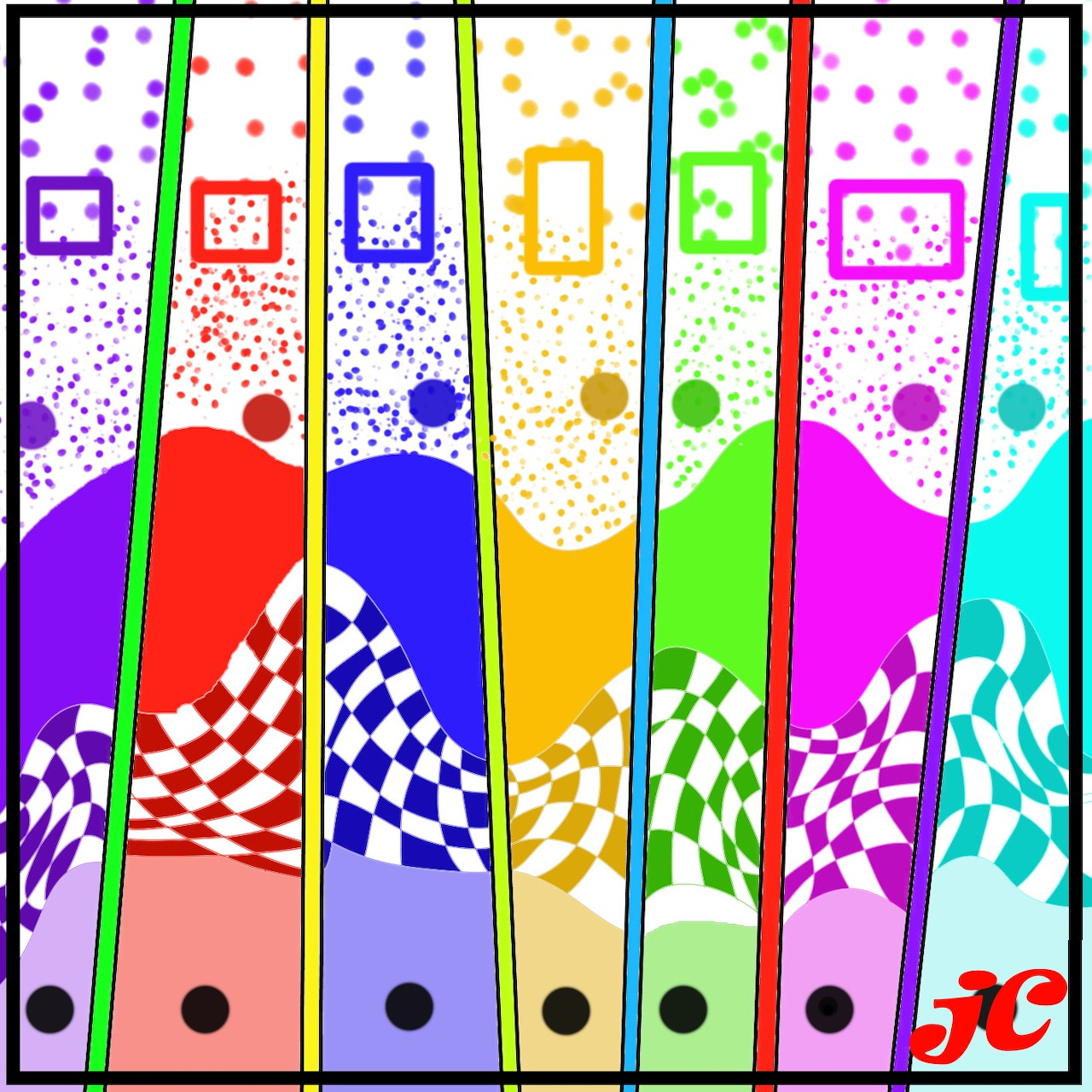 Colorful abstract art with vertical stripes, geometric patterns, dots and checkerboards in rainbow hues
