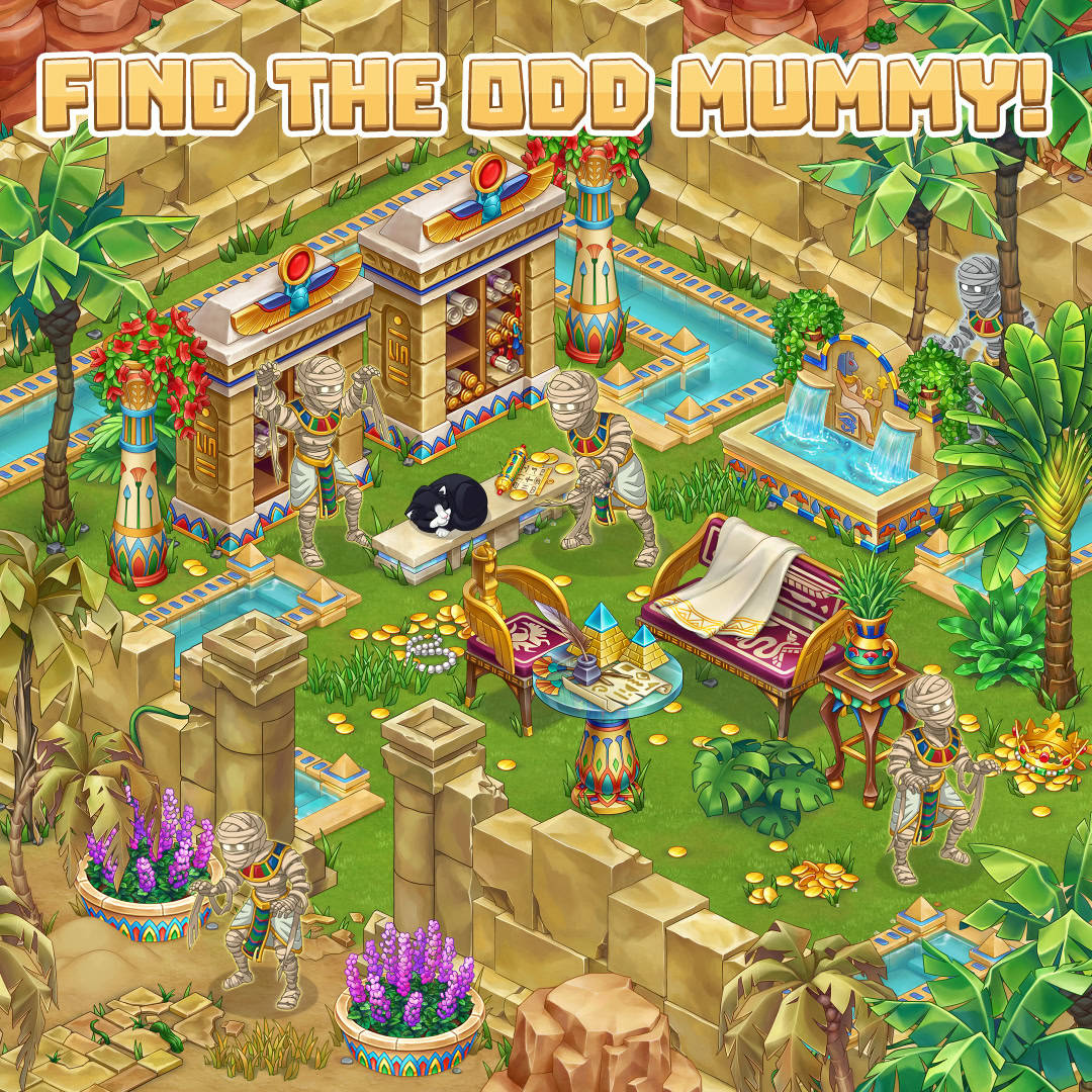 Colorful cartoon Egyptian garden with mummies, statues, palm trees, pools, and ruins