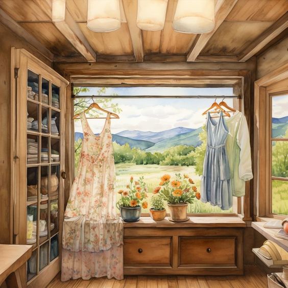 Rustic cottage interior with dresses by window, mountain view, and flowers on wooden dresser