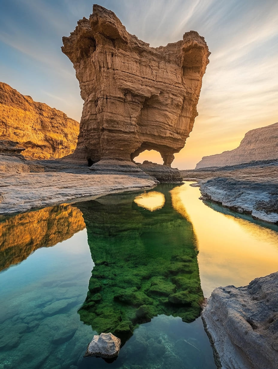 Tall sandstone arch rock reflected in a green pool at sunset in a desert canyon