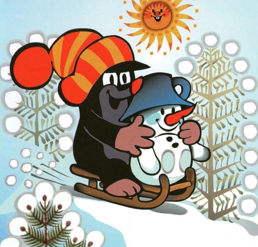 Cartoon mole character in blue cap building small snowman on skis, with sun and snowflakes background