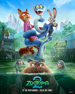 Zootopia characters Judy Hopps rabbit and Nick Wilde fox balanced on Flash the sloth over water