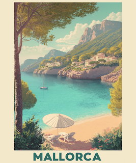 Vintage travel poster showing a scenic Mallorca beach cove with turquoise water, mountains, and coastal village