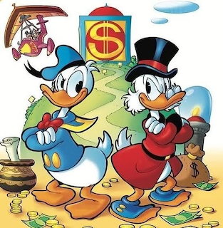 Donald Duck and Scrooge McDuck cartoon characters with money and coins
