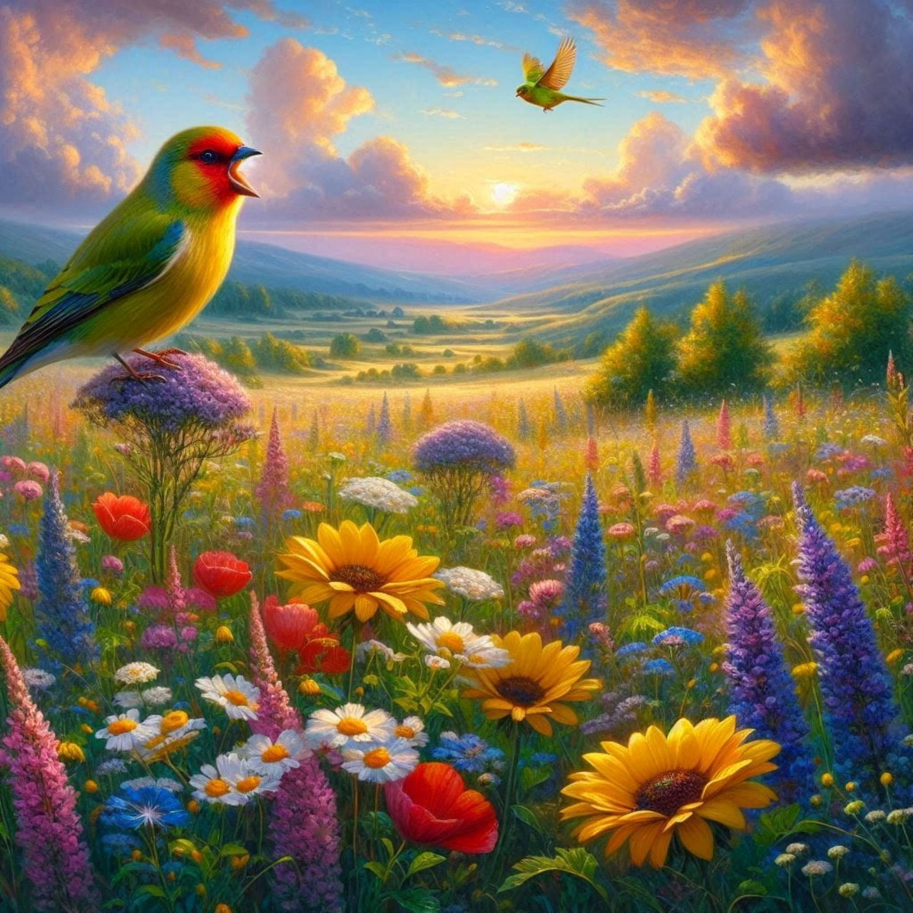 Vibrant painting of a bird overlooking a wildflower meadow at sunset with rolling hills and colorful sky