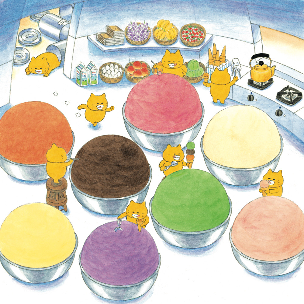 Colorful ice cream bowls in various flavors arranged on white table with cute yellow characters
