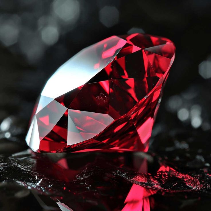 Sparkling red ruby gemstone with brilliant cut facets on dark surface