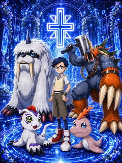 Anime-style boy with fantasy creatures in a glowing blue cathedral scene