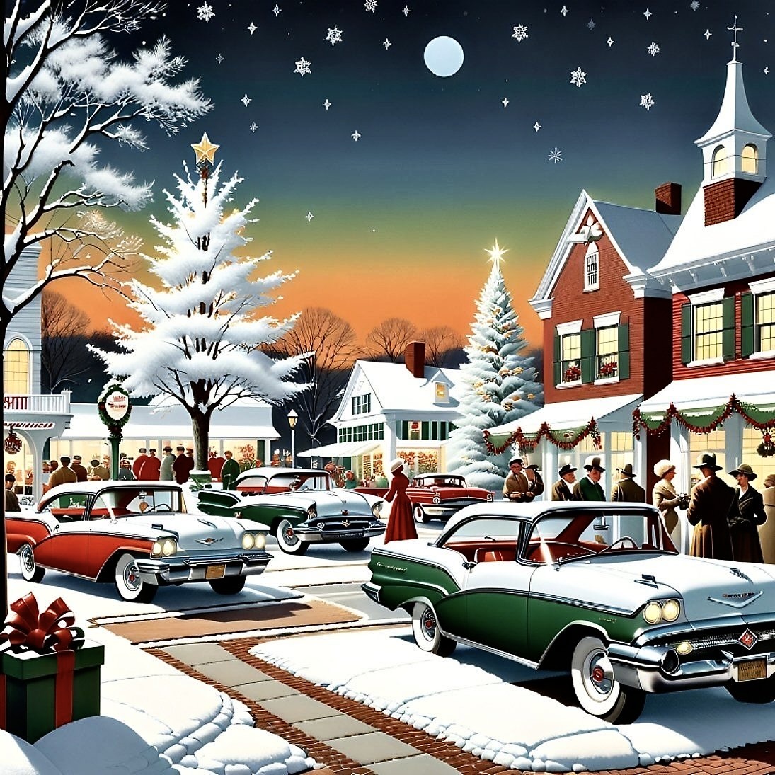 Illustrated snowy town street with vintage cars, decorated houses, and Christmas trees at dusk