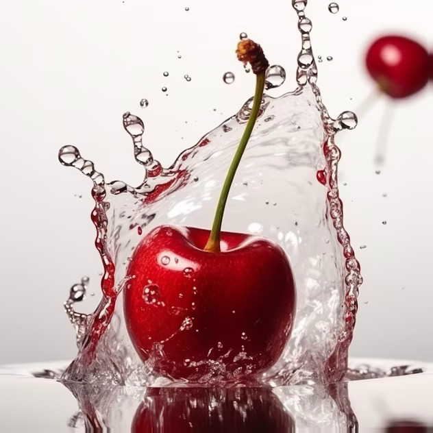 Red cherry splashing into clear water on a white background