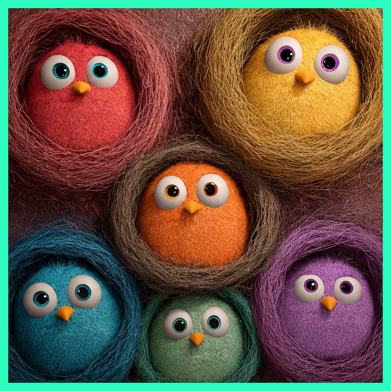 Five colorful fluffy cartoon birds with big eyes sitting in round textured nests