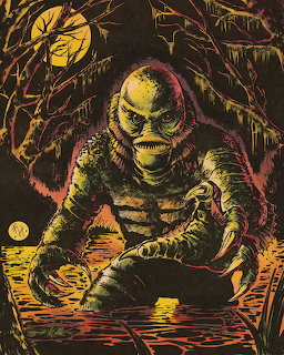 Illustration of the Creature from the Black Lagoon in swampy water with moon and dark trees