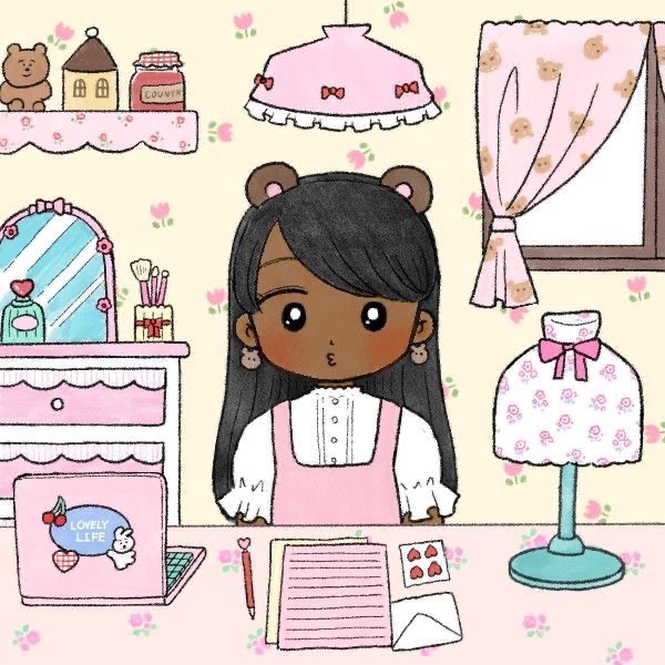 Cartoon girl with dark hair in a pink and cream sewing room with dress form and craft supplies
