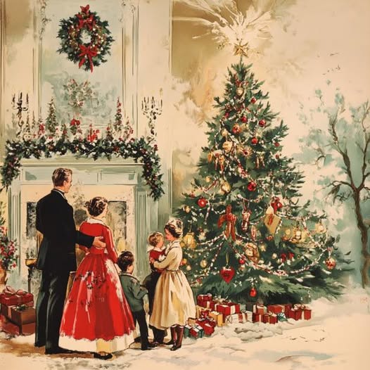 Vintage painting of a family by a Christmas tree and fireplace with presents