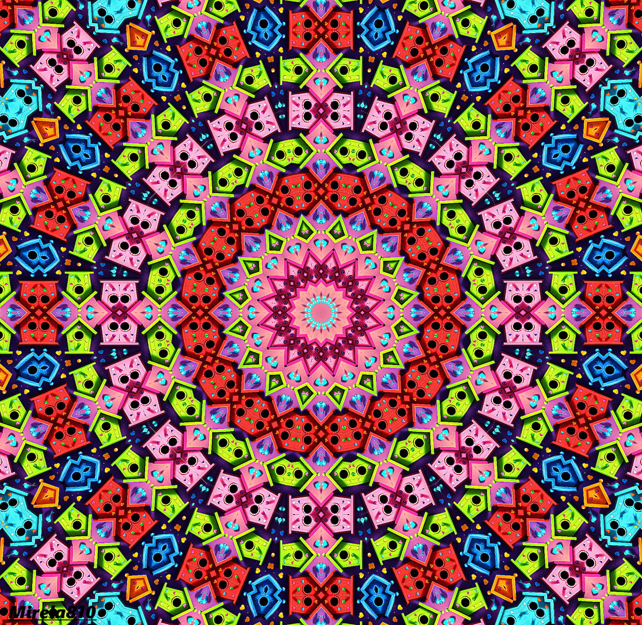 Vibrant circular mandala with intricate geometric patterns in rainbow colors radiating from pink center