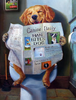A golden dog sitting on a toilet and reading a newspaper in a bathroom