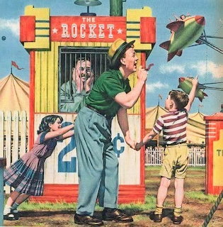 Father with two children standing at colorful Rockets ride ticket booth at vintage county fair