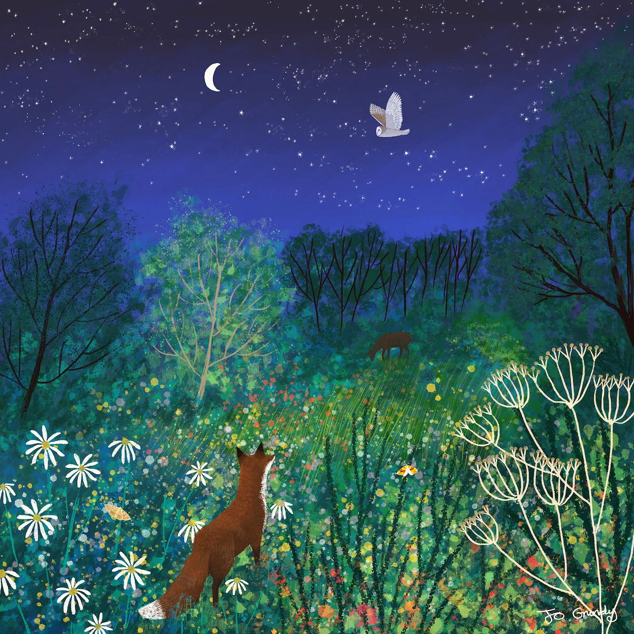 Painting of a fox in a wildflower meadow at night under a crescent moon and stars, with a white owl overhead